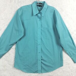 Foxcroft Womens Shirt Button Up Classic Fit Greenish‎ Blue Wrinkle Free 8
